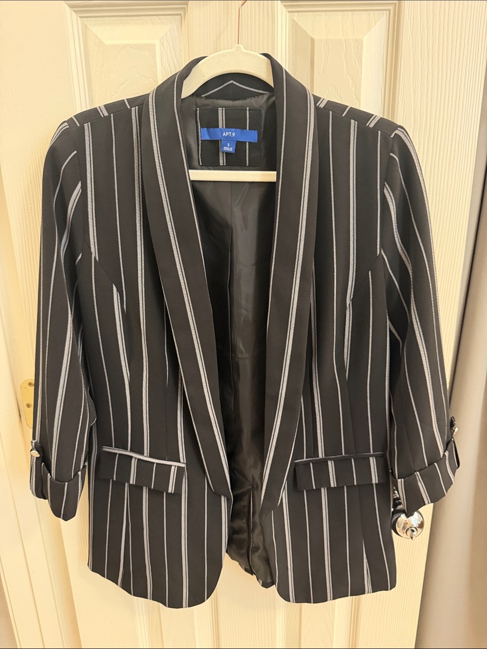 Apt. 9 Black Blazer with White Pinstripes - Open Front Shawl Collar